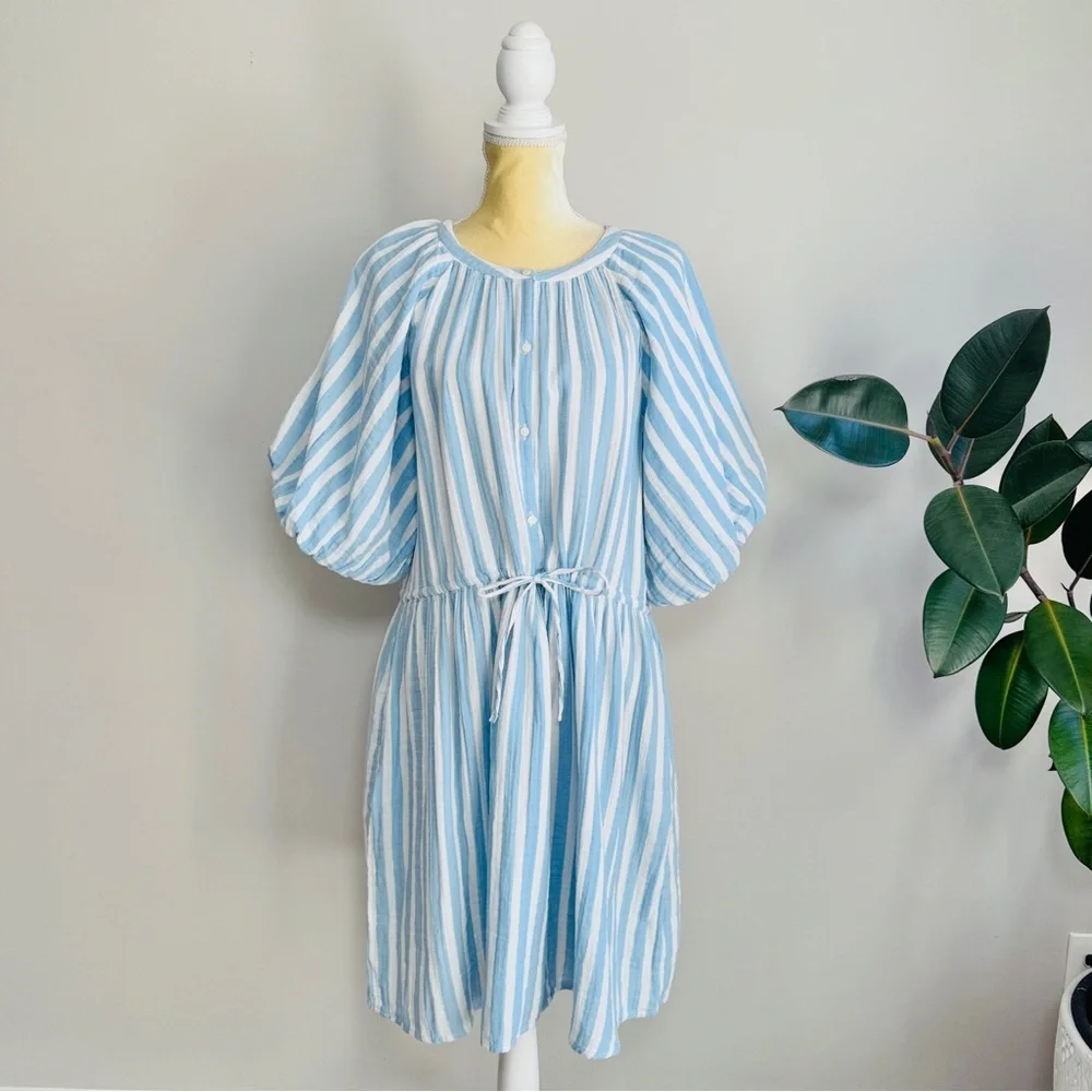 Old Navy Waist-Defined Puff-Sleeve Stripe Gauze Mini Shirt Dress size LTall NWT - Picture 4 of 10
